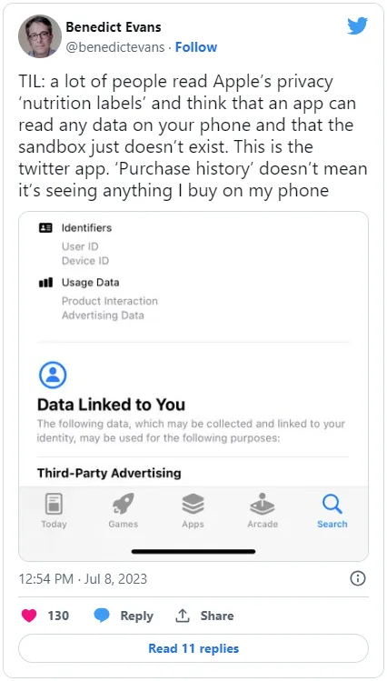 Twitter user @benedictevans says: "TIL: a lot of people read Apple’s privacy ‘nutrition labels’ and think that an app can read any data on your phone and that the sandbox just doesn’t exist."