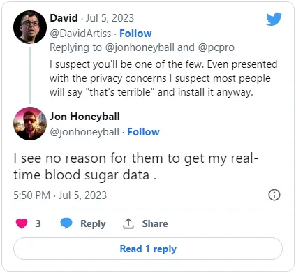 Twitter user @jonhoneyball says about Threads: "I see no reason for them to get my real-time blood sugar data."